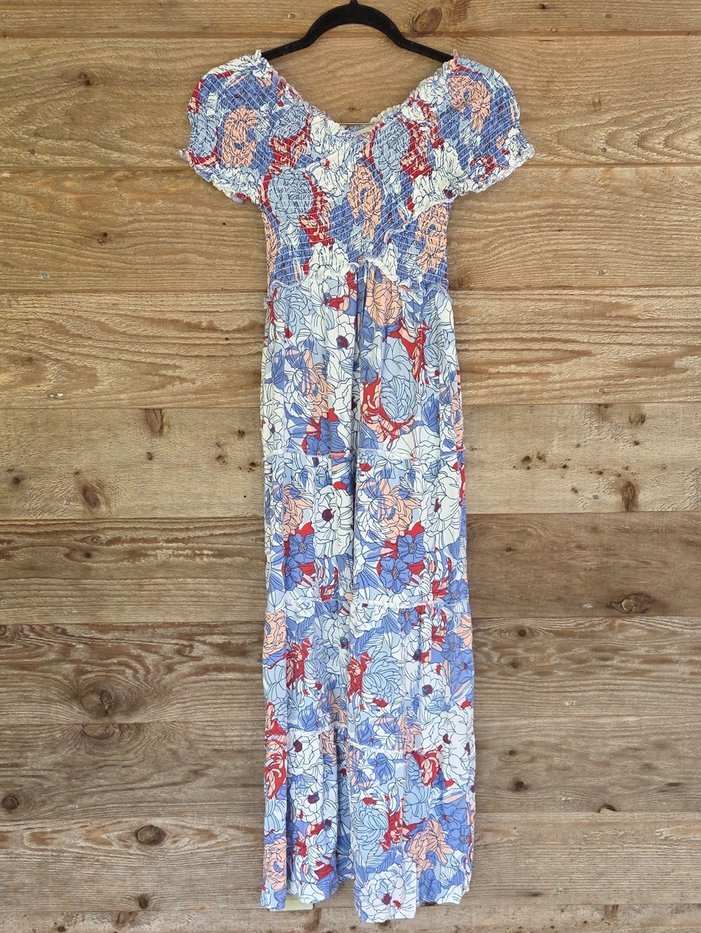 Jessica Simpson Size Small Blue & Red Floral Smocked Maxi Dress